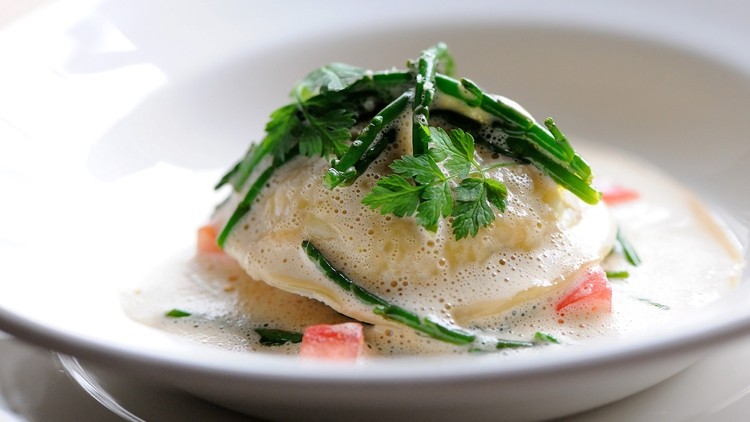 Inside the dish: the crab ravioli is stuffed with salmon mousse