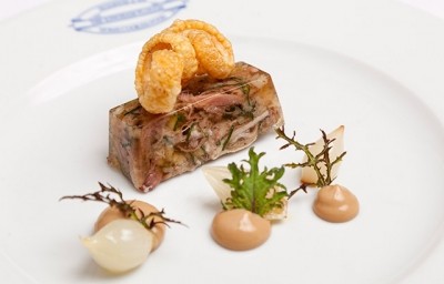 Watkins' pigs head terrine with home-made mustard, pickled baby onions and pork scratchings