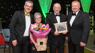 Long service reward: (l-r) Mike O Connor (ops director for Greene King Pub Partners south-west), Richard and Louise Grindon of the Tally Ho and Dan Robinson (MD of Greene King Pub Partners)