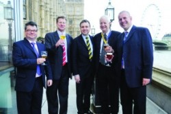 (L-R) IBD executive director Simon jackson, St Austell Brewery MD James Staughton, Mp Andrew Griffiths, IBD president Donals Nelson, St Austell head brewer Roger Ryman