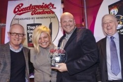 Tom Kerridge with wife Beth pick up their award, alongside host Matthew Fort (right) and Ian Moss, Budweiser Budvar Uk marketing controller