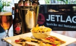 Mini quesadillas and Red Pig Ale served at Jetlag in Fitzrovia, London