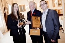 Tom Gavaghan and Victoria de Polo of the Andover Arms with Fuller’s Chairman Michael Turner