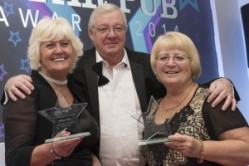 The Life Time Achievement Award winners - Maureen and Bob Smith of the Plough in Great Harwood and Kath Duffy of the Newcastle Packet in Scarborough