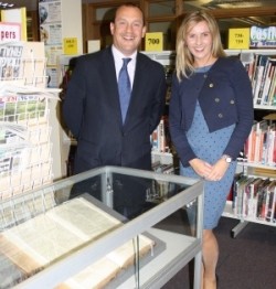 Stephen Spencer-Jones and Claire Matthews of Heineken with Dr Johnson's First Edition English Dictionary