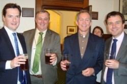 Pennies from 11: Chancellor George Osborne, SIBA chairman Keith Bott, Tatton Brewery founder Gregg Sawyer and All-Party Parliamentary Beer Group chair Andrew Griffiths sup a pint in the Strangers’ Bar